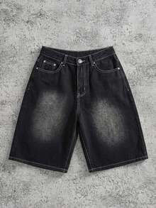 Manfinity ZONE917 Unisex American Hip Hop Style Wide Leg Denim Shorts With Pockets - Black - View 1
