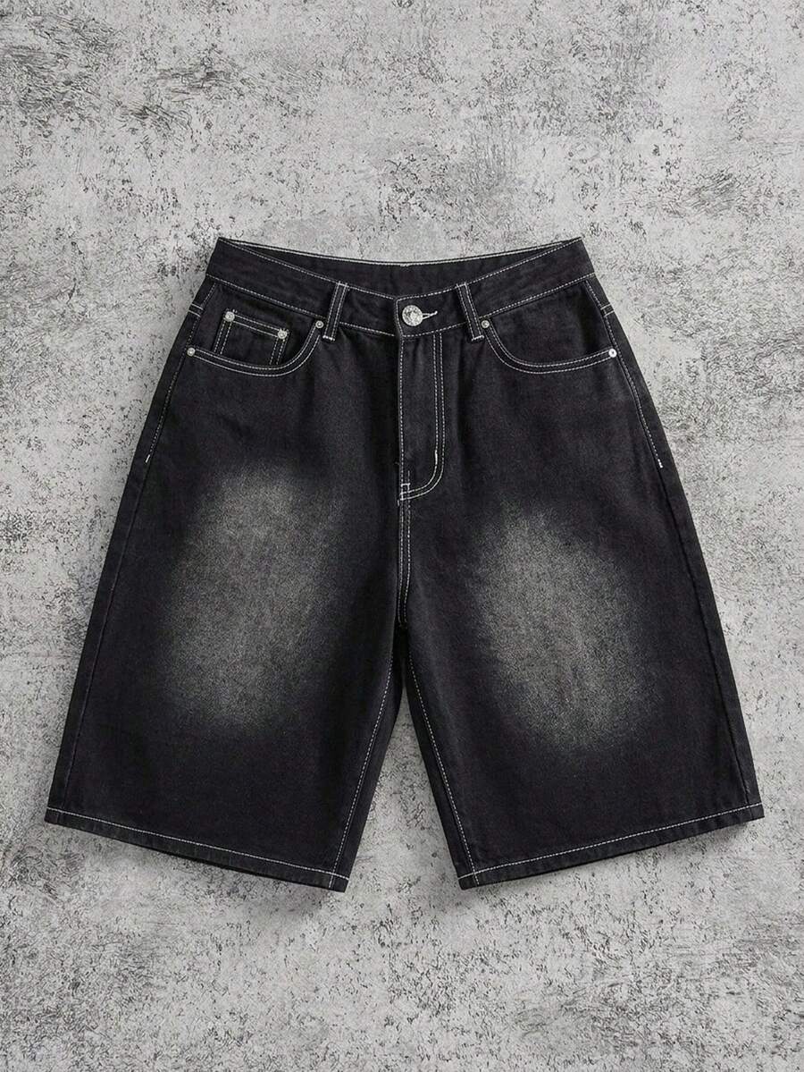 Manfinity ZONE917 Unisex American Hip Hop Style Wide Leg Denim Shorts With Pockets - Black - View 1