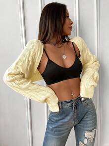 SHEIN 秋季休閒純色短版開襟羊毛衫 - 淡黃色 - 查看 4