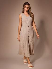 Lazeform Gaun Tank Slim Fit Kasual Berbahan Kain Bertekstur dengan Leher V dan Plaket Palsu untuk Wanita - Khaki - View 1
