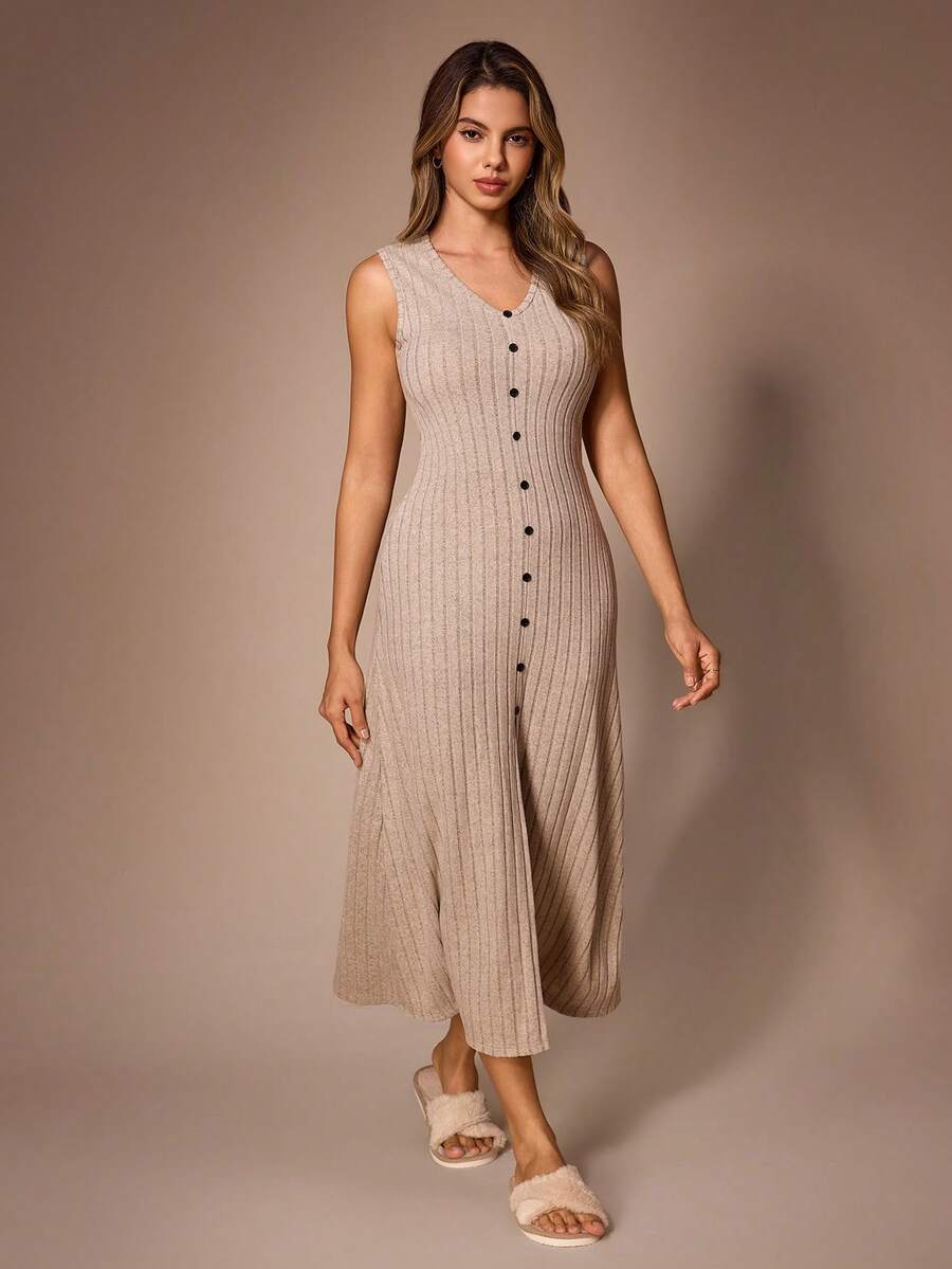 Lazeform Gaun Tank Slim Fit Kasual Berbahan Kain Bertekstur dengan Leher V dan Plaket Palsu untuk Wanita - Khaki - View 1