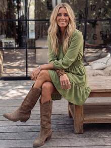 LanaWest Vestido de mujer verde con cuello en V, fruncido, manga larga, cintura elástica, bajo con volantes, línea A, unicolor, efecto terciopelo, estilo occidental casual, elegante, para ir al trabajo, otoño/invierno, LilyWest - Verde - Ver 4