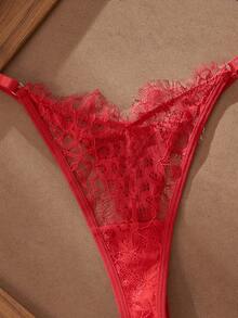 SHEIN Classic Eyelash Lace Patchwork + Underwire + Zipper Decor + T-Back Panty Sexy Lingerie Set 2pcs - Red - View 3