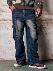 Skyrend 1pc Vintage Patchwork Multi-Pocket Distressed Loose Fit Wide Leg Jeans For Men, Fashion Versatile (Belt And Accessories Not Included) Fall/Autumn/Winter Grunge - Blue - View 2