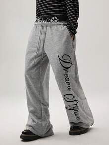 Vaulklash Men's Casual Sports Letter Embroidery Drawstring Waist Sweatpants Elastic Graphic Print Grey Baggy Manfinity - Multicolor - View 4