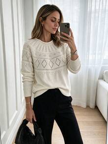Louniche Women's Early Autumn Textured Fine Hollow Knit Pullover Round Neck Long Sleeve Sweater - Beige - View 2