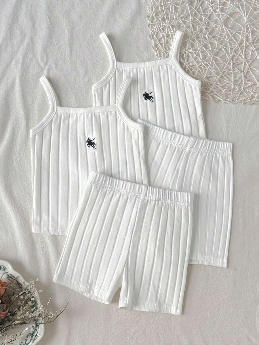 SHEIN 女童羅紋刺繡馬標誌春夏背心短褲套裝 2件組 純色/多色背心內搭褲內衣套裝 全季適用 - 白色 - 查看 1