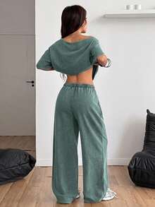 Coolane 女款純色不對稱領短袖上衣與抽繩腰口袋長褲兩件套 - 綠色 - 查看 6