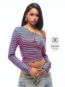 Vadaroq 女款秋冬外出基本款條紋不對稱領長袖短版休閒白色T恤 - 彩色 - 查看 3