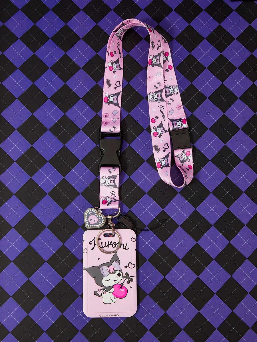 HELLO KITTY AND FRIENDS | SHEIN حامل بطاقة متعدد الوظائف مع سلسلة مفاتيح قابلة للفصل وحبل رقبة، بطانية بطاقة مطبوع باللون الوردي الفاتح مع سلسلة مفاتيح مزينة بقلب، قلادة حقيبة - وردي - مشاهدة 1