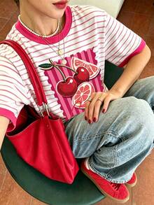 EMERY ROSE 女款條紋與櫻桃印花圓領短袖上衣，Y2K風格，夏季穿著 - 粉色 - 查看 3