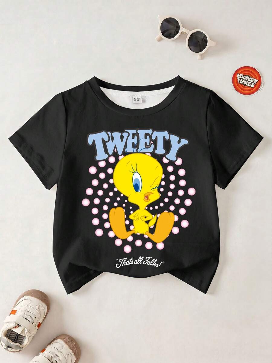 LOONEY TUNES X SHEIN 女童字母卡通印花休閒日常短袖T恤 - 白色 - 查看 1