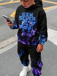 SHEIN 兒童青少年男孩休閒運動街頭時尚火焰67圖案連帽衛衣與運動長褲套裝，適合通勤、上學、日常休閒外出、運動，秋冬穿著 - 黑色 - 查看 4