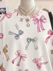 SHEIN Leap Crew 少女休闲宽松蝴蝶结印花针织T恤，适合夏季穿着 - 彩色 - 查看 4
