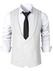 Manfinity Mode Men's White Deep V-Neck Versatile Classic Double-Breasted Design Business Casual Home Commute Daily Suit Vest - White - View 4