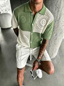 Manfinity LEGND Top de punto casual versátil de uso diario con bloques de color para hombre talla grande - Verde - Ver 3