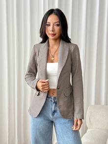 SHEIN PETITE Women's Casual Plaid Long Sleeve Blazer - Multicolor - View 4