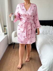 Napfluff CURVE Napfluff CURVE Bowknot Striped Print Faux Silk Minimalist Plus Size Nightgown - Pink - View 4