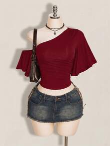 SHEIN ICON 女款素色不對稱領休閒百搭日常穿搭上衣 - 酒紅色 - 查看 7