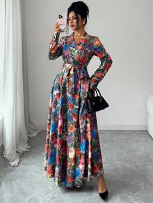 Elenzga Lapel Collar Waist Bow Tie Print Floral Long Sleeve Dress - Multicolor - View 1
