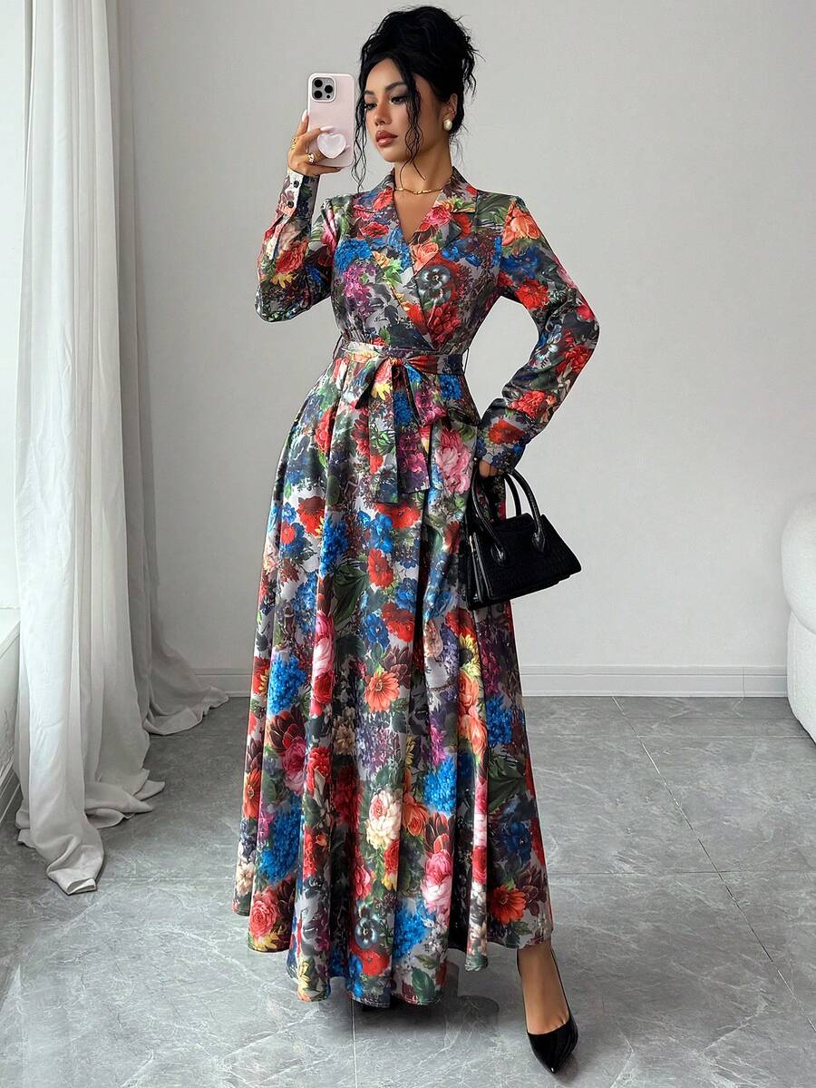 Elenzga Lapel Collar Waist Bow Tie Print Floral Long Sleeve Dress - Multicolor - View 1