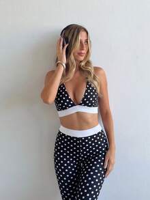 Dewbera Dewbera 1pc Women's Black Polka Dot Separated Cross Strap Tight Long Pants Sports Set - Black and White - View 6