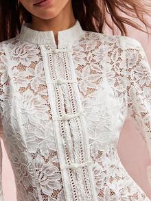 Willow Rêve Women's White Floral Lace Long Sleeve Top With Mandarin Collar And Frog Button Closure, Elegant Casual Romantic Blouse For Wedding Dinner Party Garden - White - View 1