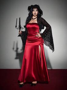 Whyspr Gaun Lilit Wanita Ukuran Plus + Jubah Lengan Lonceng Set Dua Potong Gaya Goth Halloween Musim Gugur - Burgundy - View 2