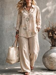 Ceyna Plus Size Women French Casual Soft Form Elegant Long Sleeve Shirt And Pants 2 Pieces Set Autumn Formal Vacation Beige - Apricot - View 2