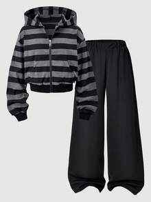 SHEIN 青少年女孩2件套，拉鍊連帽衫寬腿黑色長褲，復古，寬鬆，針織，休閒，秋季，拉鍊條紋連帽衫，外套，夾克，波點 - 彩色 - 查看 3