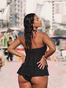 Swim Vcay Conjunto de Tankini de Talla Grande para Mujer con Halter y Adorno de Conchas para la Playa de Verano - Negro - Ver 2