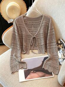 Franclia New Solid Color Hollow Crochet Sun Protection Cardigan Women Versatile Outerwear Knit Cardigan - Mocha Brown - View 6