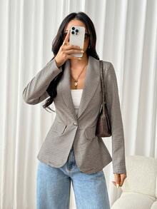 SHEIN PETITE Women's Casual Plaid Long Sleeve Blazer - Multicolor - View 3