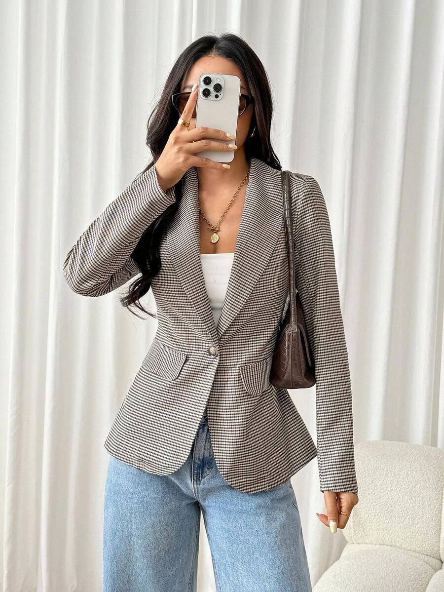 SHEIN PETITE Women's Casual Plaid Long Sleeve Blazer - Multicolor - View 1