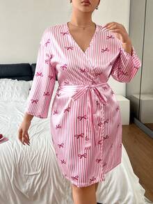 Napfluff CURVE Napfluff CURVE Bowknot Striped Print Faux Silk Minimalist Plus Size Nightgown - Pink - View 6