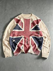 ROMWE MEN Prep Men's Autumn/Winter Fashion British Flag Patchwork Distressed Sweater - Khaki - View 1