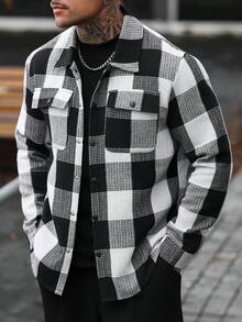 Manfinity CasualCool 男士黑色復古格紋翻領寬鬆休閒夾克襯衫 - 黑色 - 查看 6