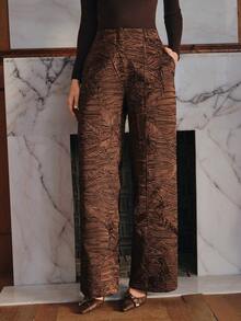 Anewsta Women's Elegant Pleated All-Over Print Wide Leg Pants With Pockets - Coffee Brown - View 5