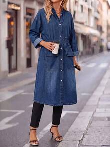 SHEIN Clasi Women's Single-Breasted Casual Daily Long Sleeve Denim Jacket Fall/Winter - Blue - View 7