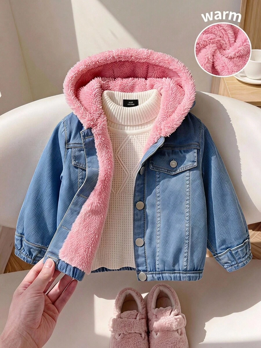 SHEIN Baby Girl Woven Colorblock Faux Fur Collar Hooded Casual Jacket - Multicolor - View 1