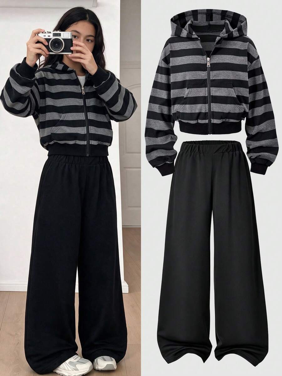 SHEIN 青少年女孩2件套,拉鍊連帽衫寬腿黑色長褲,復古,寬鬆,針織,休閒,秋季,拉鍊條紋連帽衫,外套,夾克,波點 - 彩色 - 查看 1