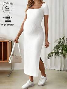 SHEIN Maternity Casual Solid Color Side Slit Fitted Dress, Summer - White - View 3