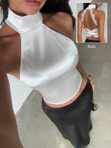 Glamine Charm White Satin High Neck Halter Tank Top,With Eyelash Lace Spliced Open Back For Birthday Party - White - View 2