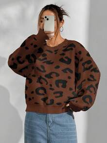 SHEIN Unity Loose Casual Versatile Leopard Print Sweater - Multicolor - View 6