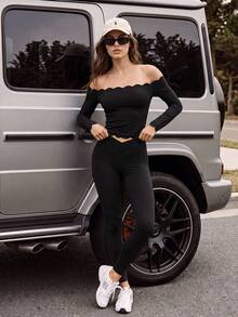 SHEIN BASICS 女款優雅性感純色露肩修身長袖T恤 黑色 秋冬網球風 外出夜生活穿搭 - 黑色 - 查看 4