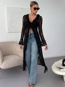 Lavishia Women's Elegant Sexy Long Lace Ruffle Top,Fall/All-Season Rave Renaissance Fair Hippie Music Festival Gyaru Party Lace Straps Ruffle Ribbon Long Coat - Black - View 4