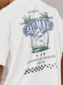 Musero Oversized Crew Neck Short Sleeve Large Back "SAIL MAIL" Washed Graphic Tshirt - White - View 2