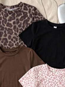 1 Random Pc Girls' Leopard Print Short Sleeve T-Shirt, 8-12 Years Old Active Round Neck Top, School, Summer Back-To-School Grey Leopard Print Black - Multicolor - View 6