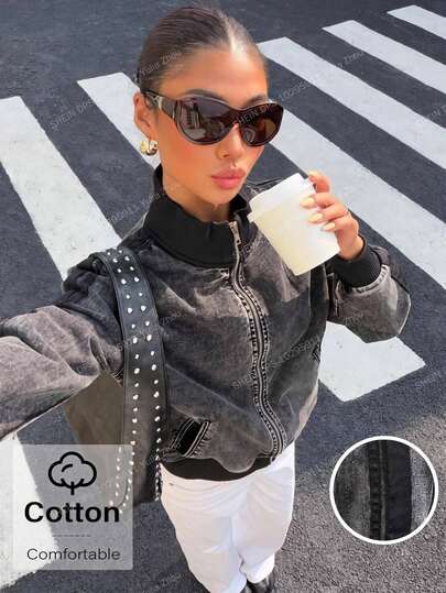 Muchica Black Snow Washed Contrast Tape Denim Jacket For Women Casual Streetwear Y2K Basic Elegant Going Out Festival Back To School Zip Up Jean Outerwear