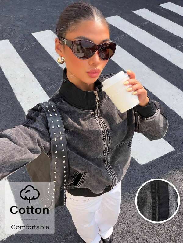 Muchica Black Snow Washed Contrast Tape Denim Jacket For Women Casual Streetwear Y2K Basic Elegant Going Out Festival Back To School Zip Up Jean Outerwear